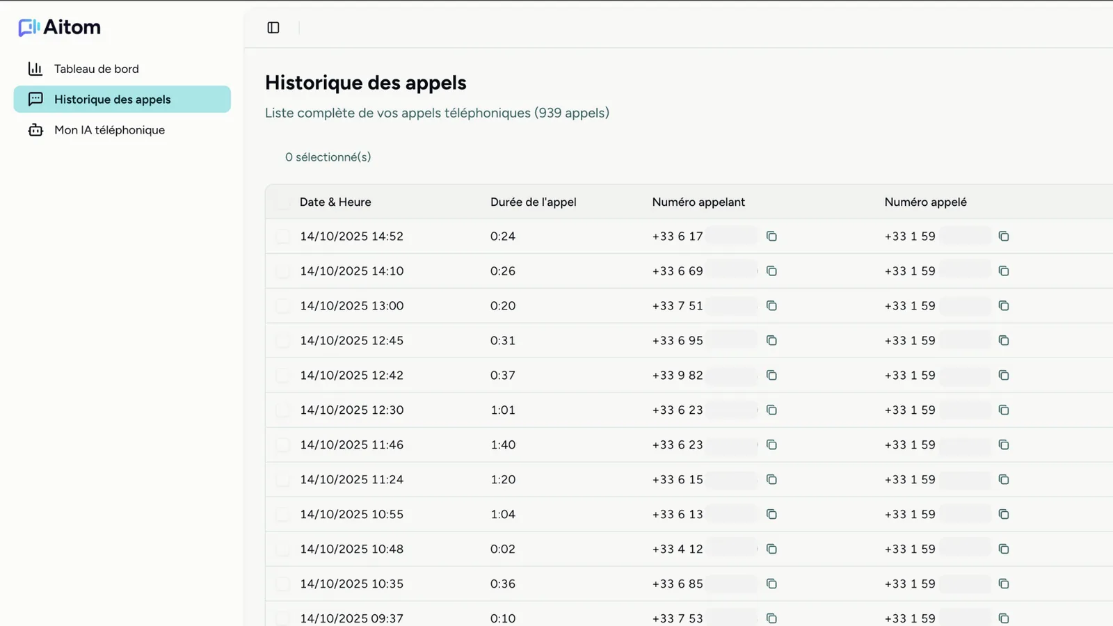 Historique des appels dans l'application Aitom : liste complète des appels avec date, durée et numéros.