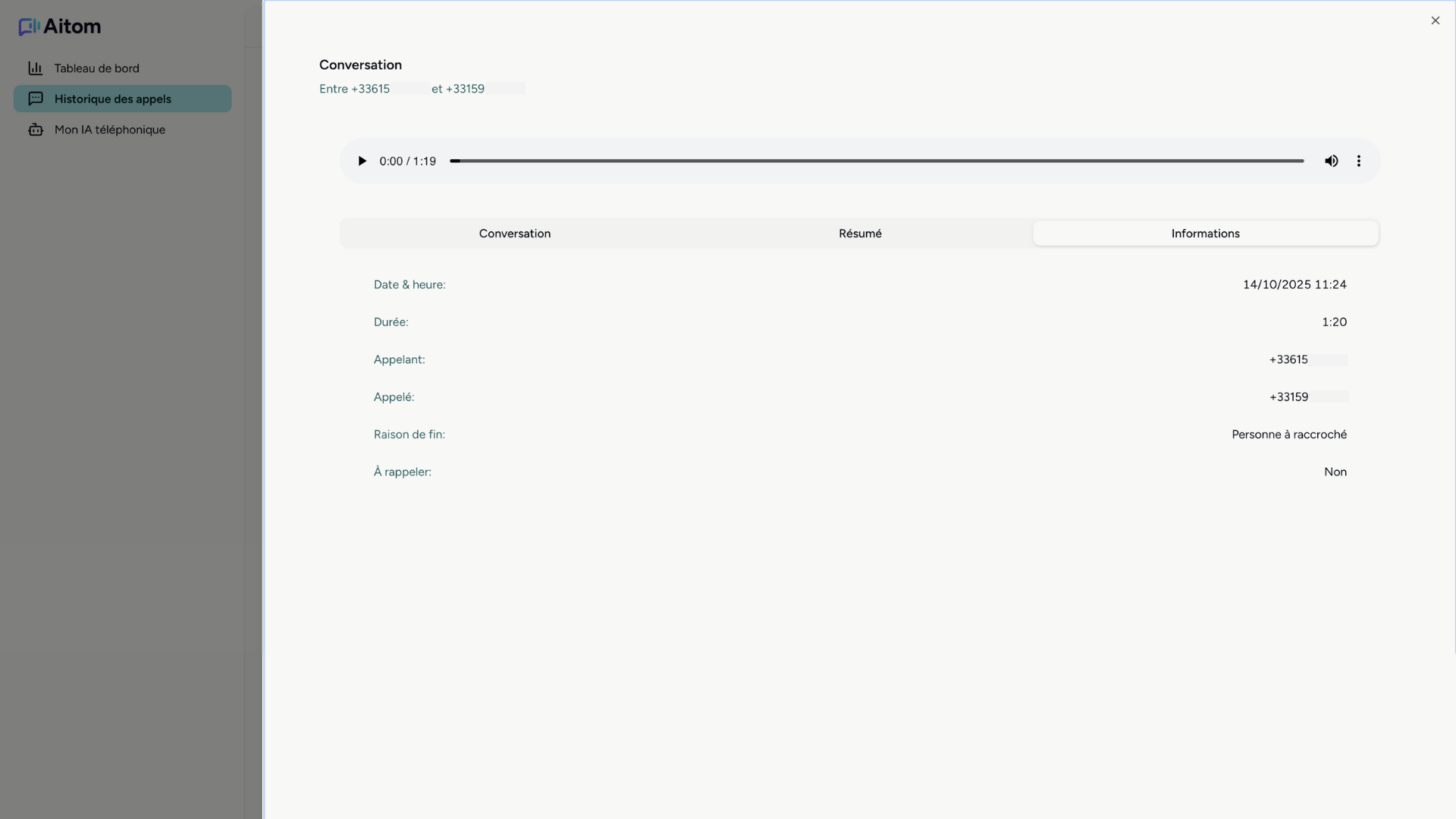 Détail d'une conversation dans Aitom : lecteur audio, transcription, résumé et informations de l'appel.