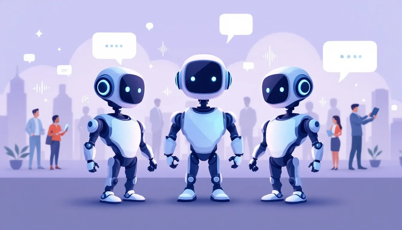 Illustration comparing several AI voice assistants, robots, and sound waves.
