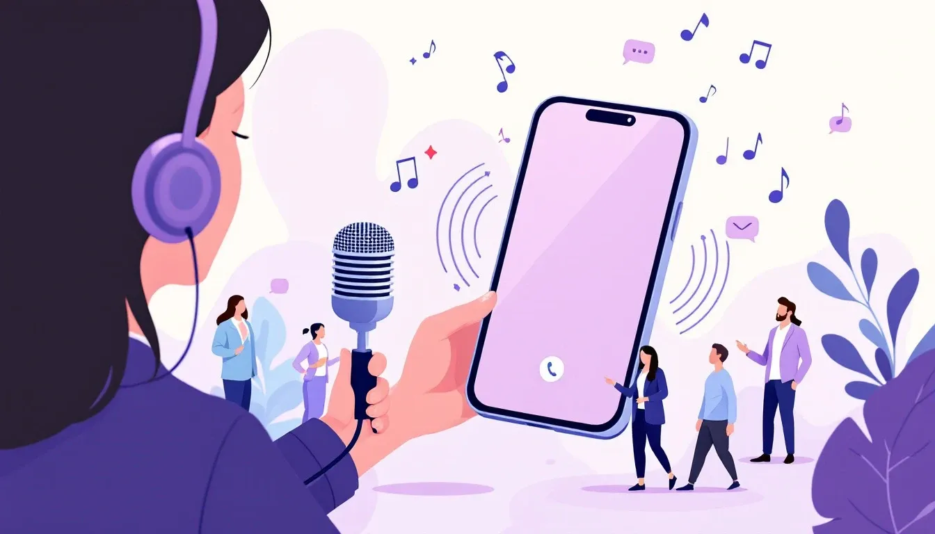 Illustration of a professional recording a phone greeting into a microphone.