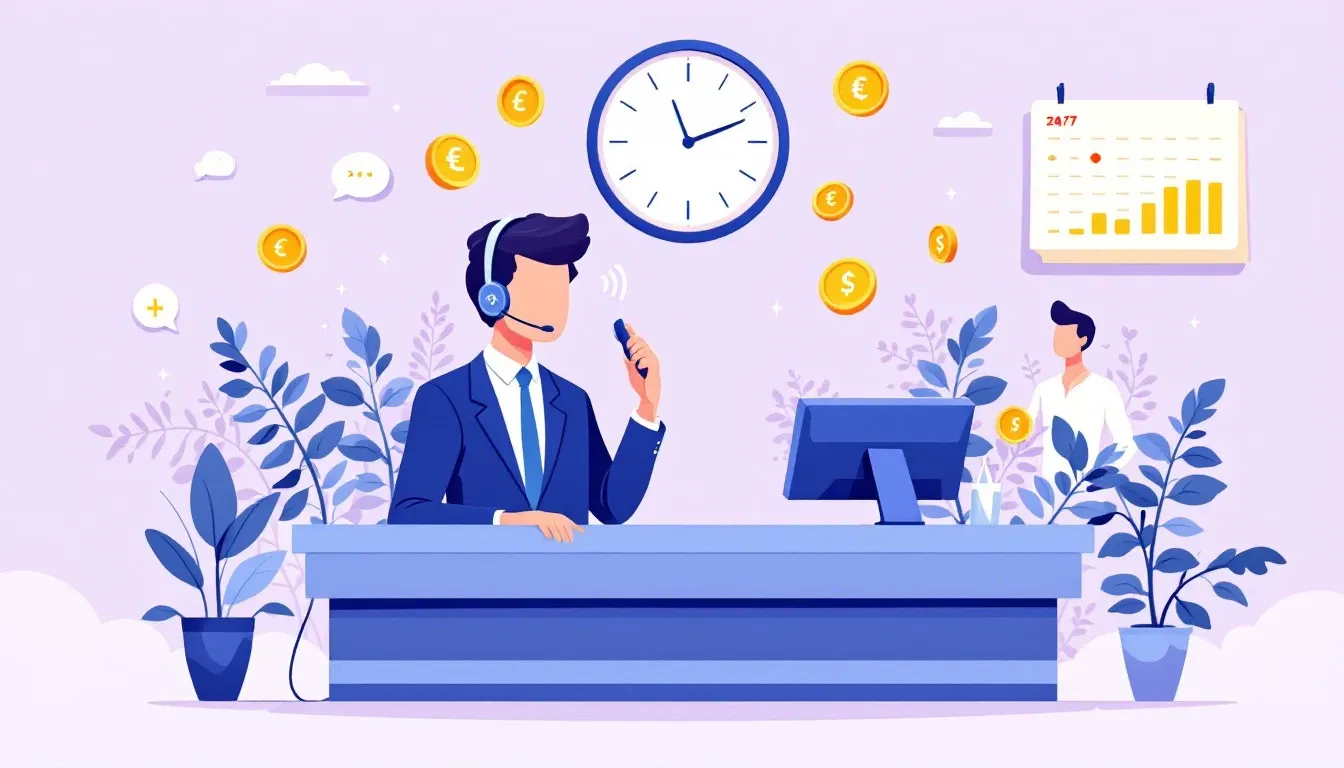 Illustration of a 24/7 phone answering service with a clock and price tags.