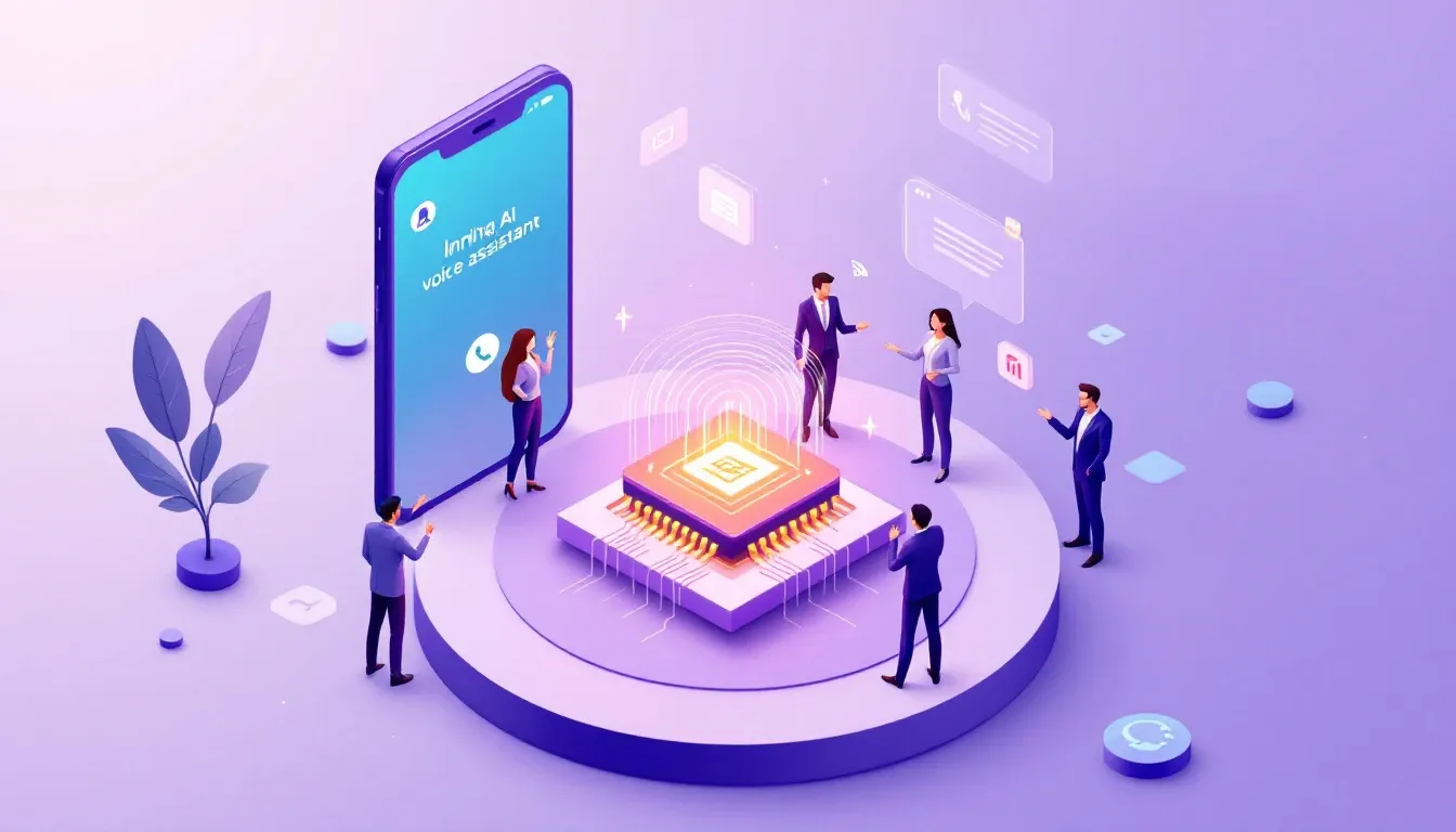 Illustration of an AI answering service picking up an incoming call, surrounded by business professionals.