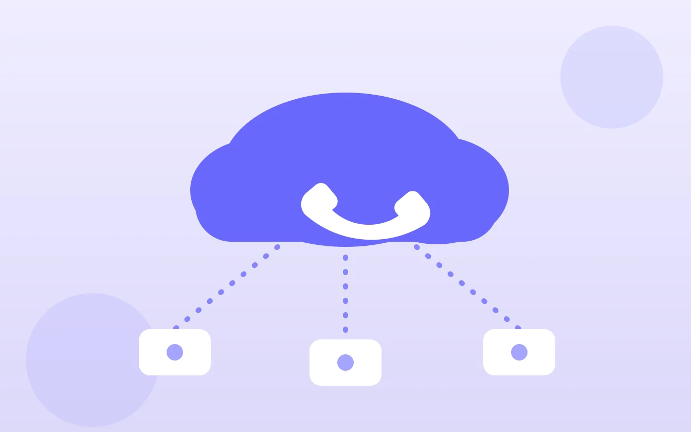 Illustration d'un standard téléphonique virtuel hébergé dans le cloud reliant plusieurs appels.