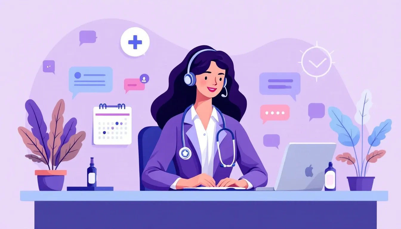 Illustration of a medical answering service handling patient calls and appointments.